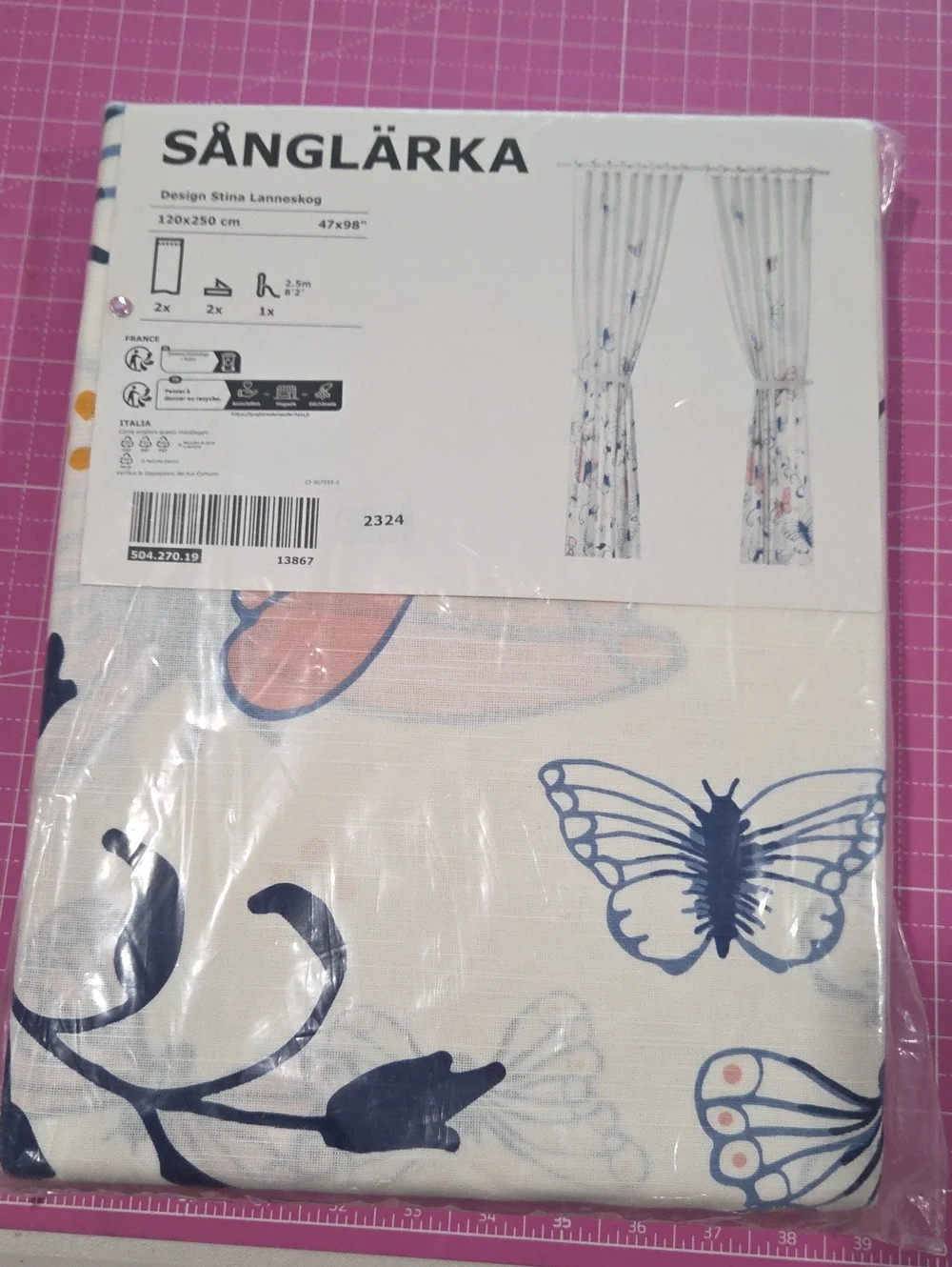 IKEA SÅNGLÄRKA Curtain Panels in Cream with Blue and Pink Butterfly Print